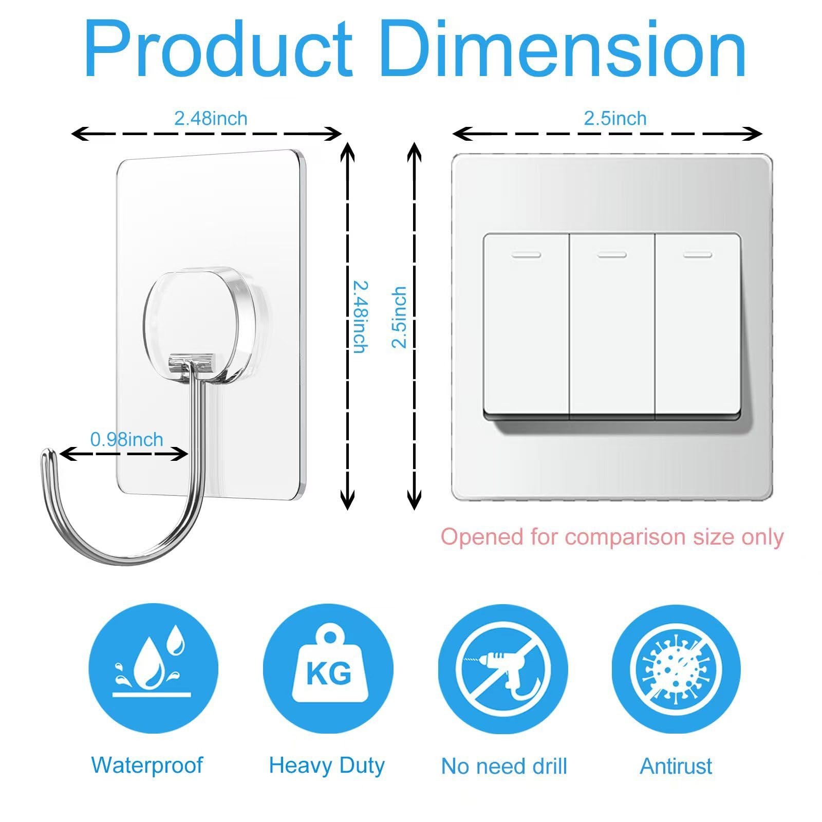 Heavy Duty No Drill Adhesive Wall Hooks – 8 Pack, 13LB Max Load, Waterproof, Cle