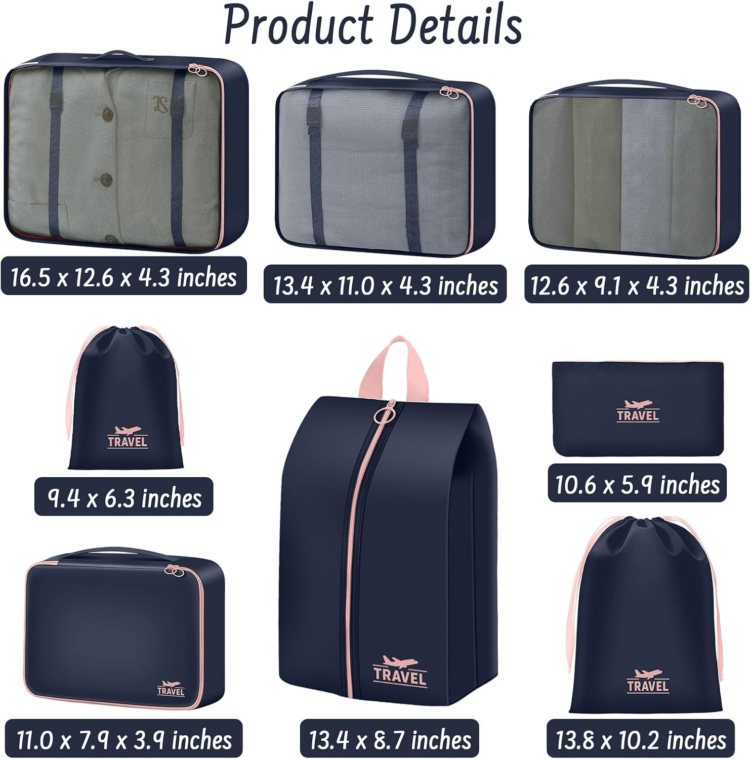 Travel Packing Cubes Set 8PCS Mesh Luggage Organizer Bags Navy Blue Mesh Design