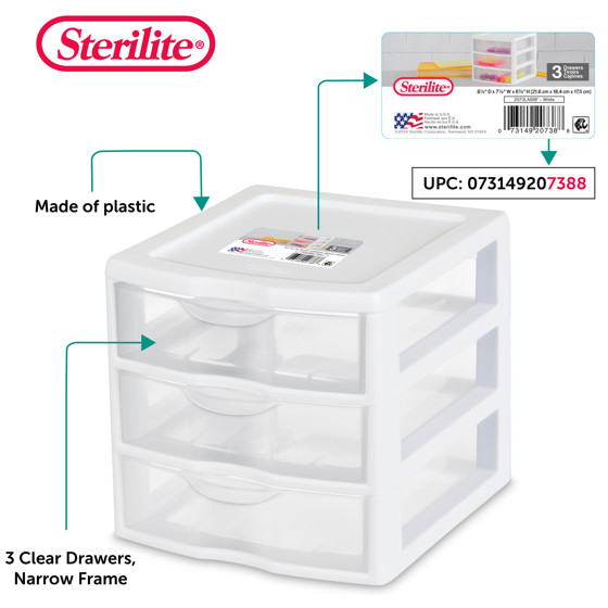 Sterilite Small 3 Drawer Unit, Clear Plastic Countertop or Desktop Drawers,White