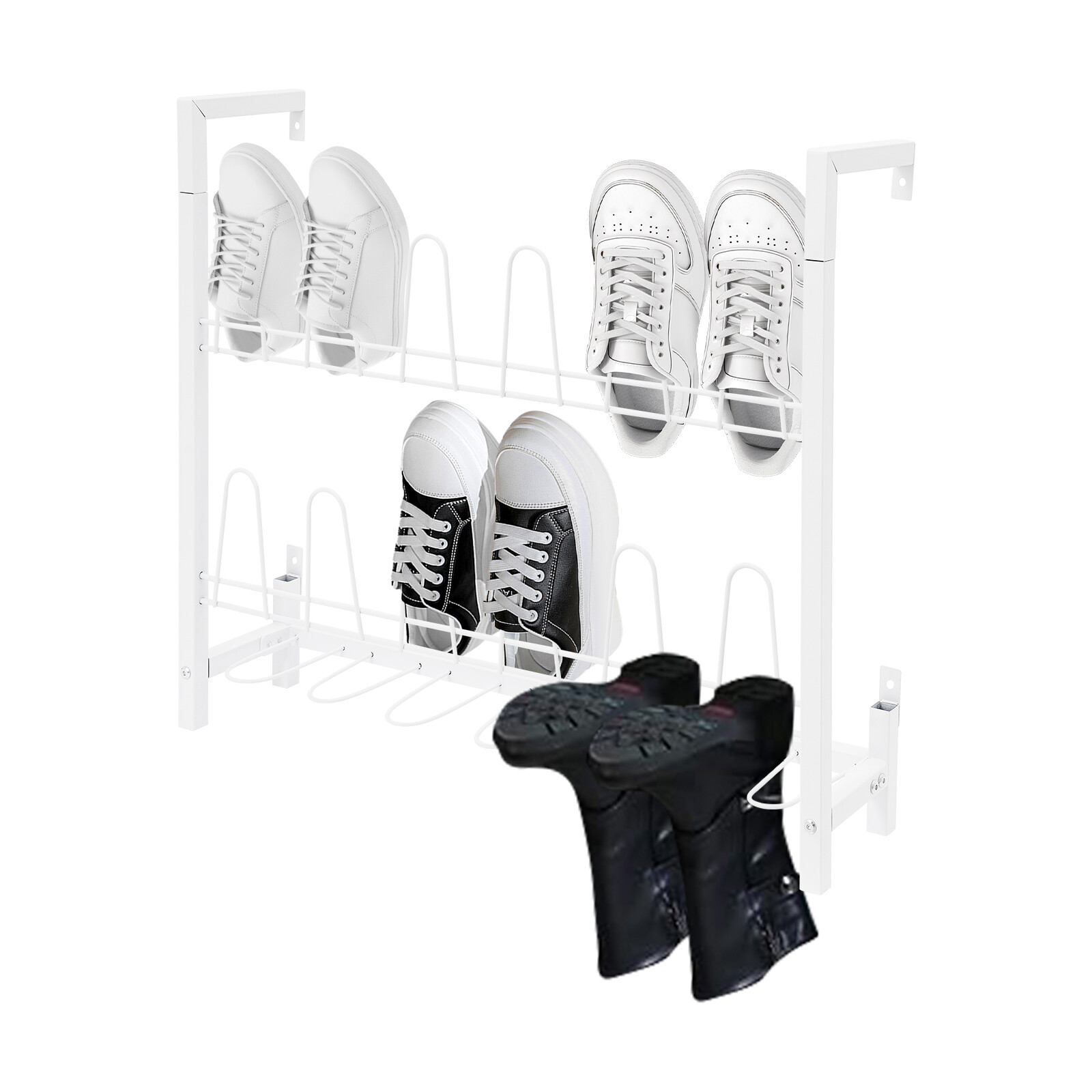 3 Tier Wall Mounted Shoe Rack, White Metal Wire Boot Rack Hanging Shoe Organizer
