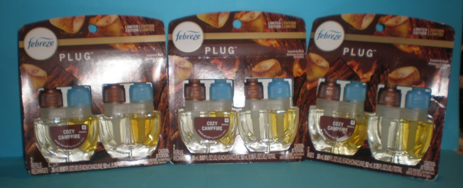 FEBREZE Plug Scented Oil refills COZY CAMPFIRE 3 double packs = 6 total refills