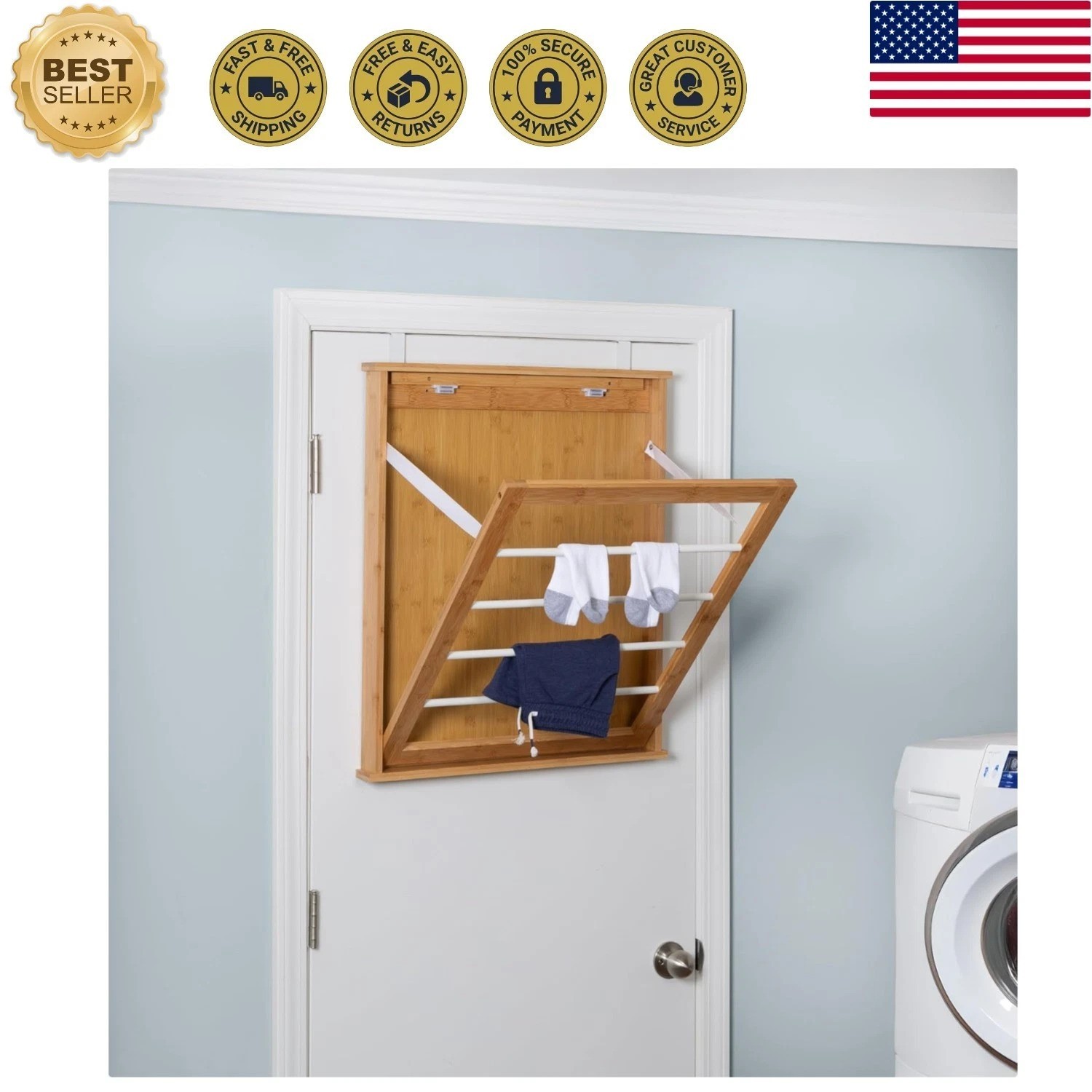 Wall-Mounted Clothes Drying Rack, Bamboo, Collapsible, 23 in W x 27.25 in H