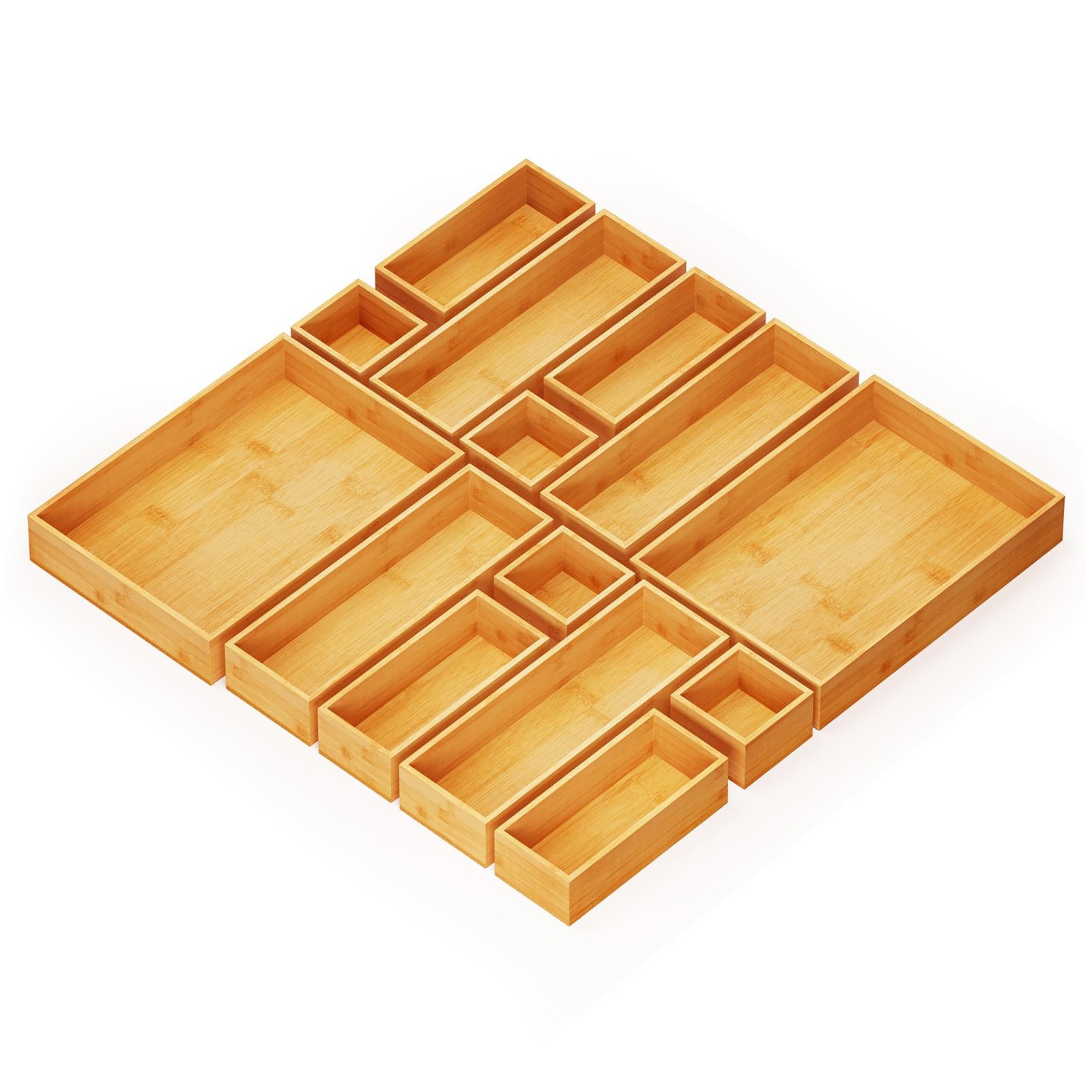 14-Piece Bamboo Drawer Organizer Storage Boxes Set, Wood Tray Junk Drawer Org…