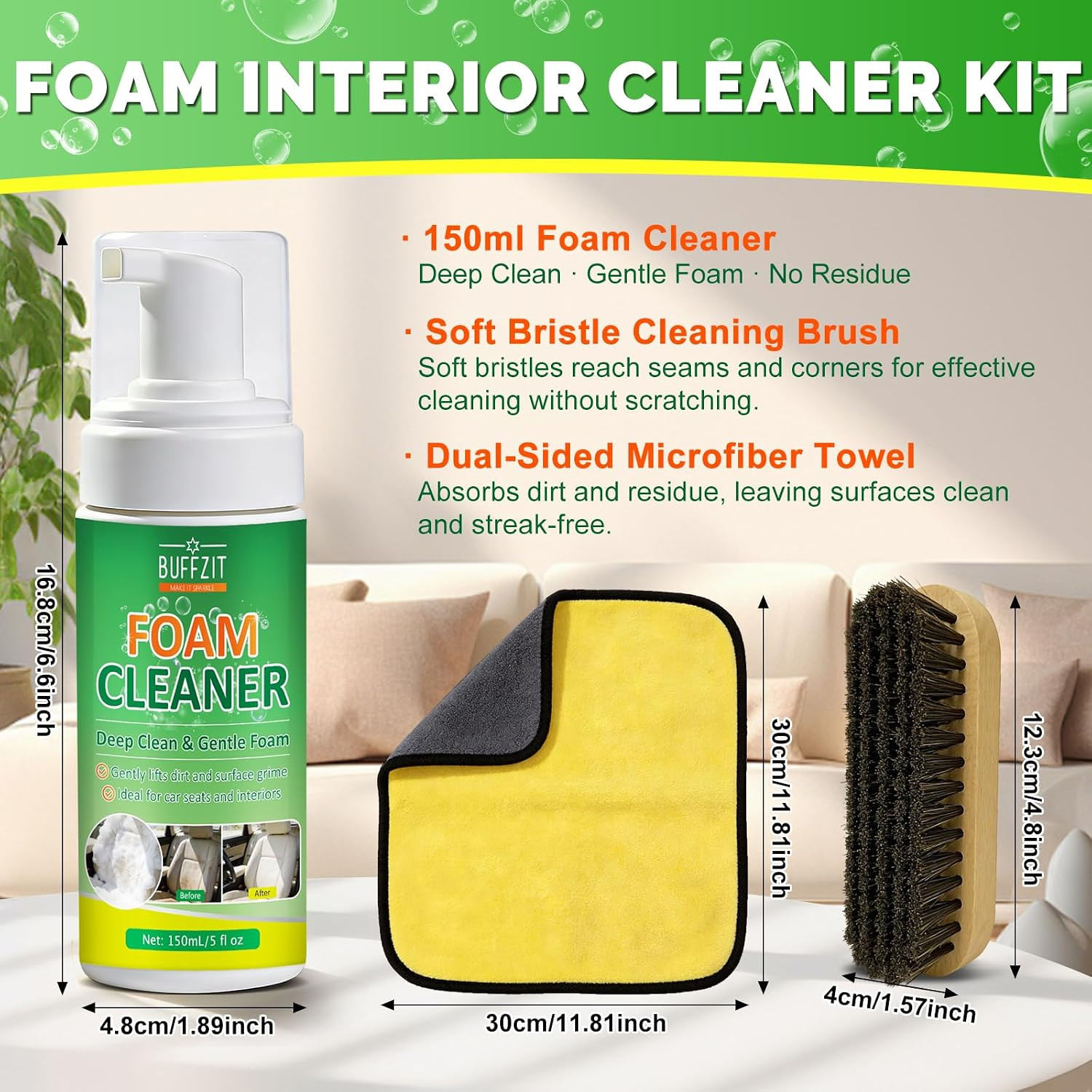 Car Interior Foam Cleaner Kit, Multifunctional Auto Detailing Cleaner with Brush