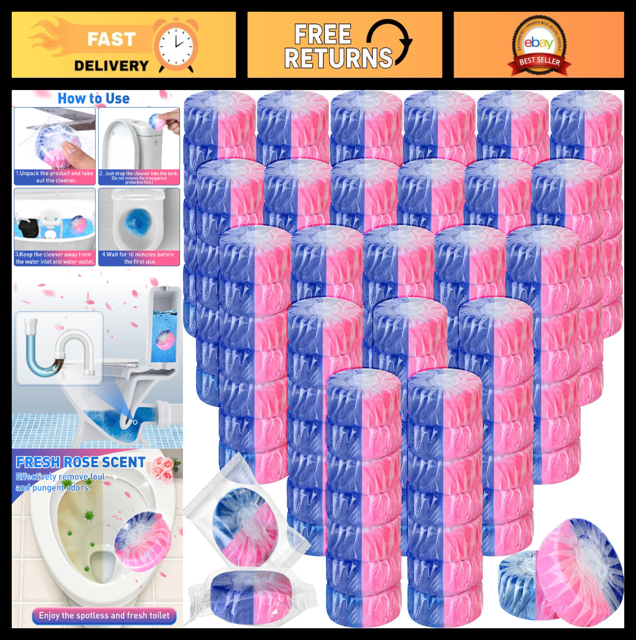 100 Pack Automatic Toilet Cleaner Tablets – Long Lasting Bathroom Tank Tabs (Pin