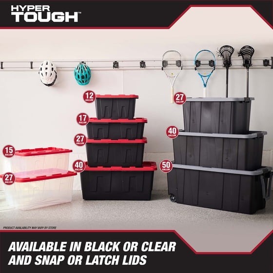Hyper Tough 17 Gallon Medium Storage Bin with Snap Lid Black and Red Heavy Duty