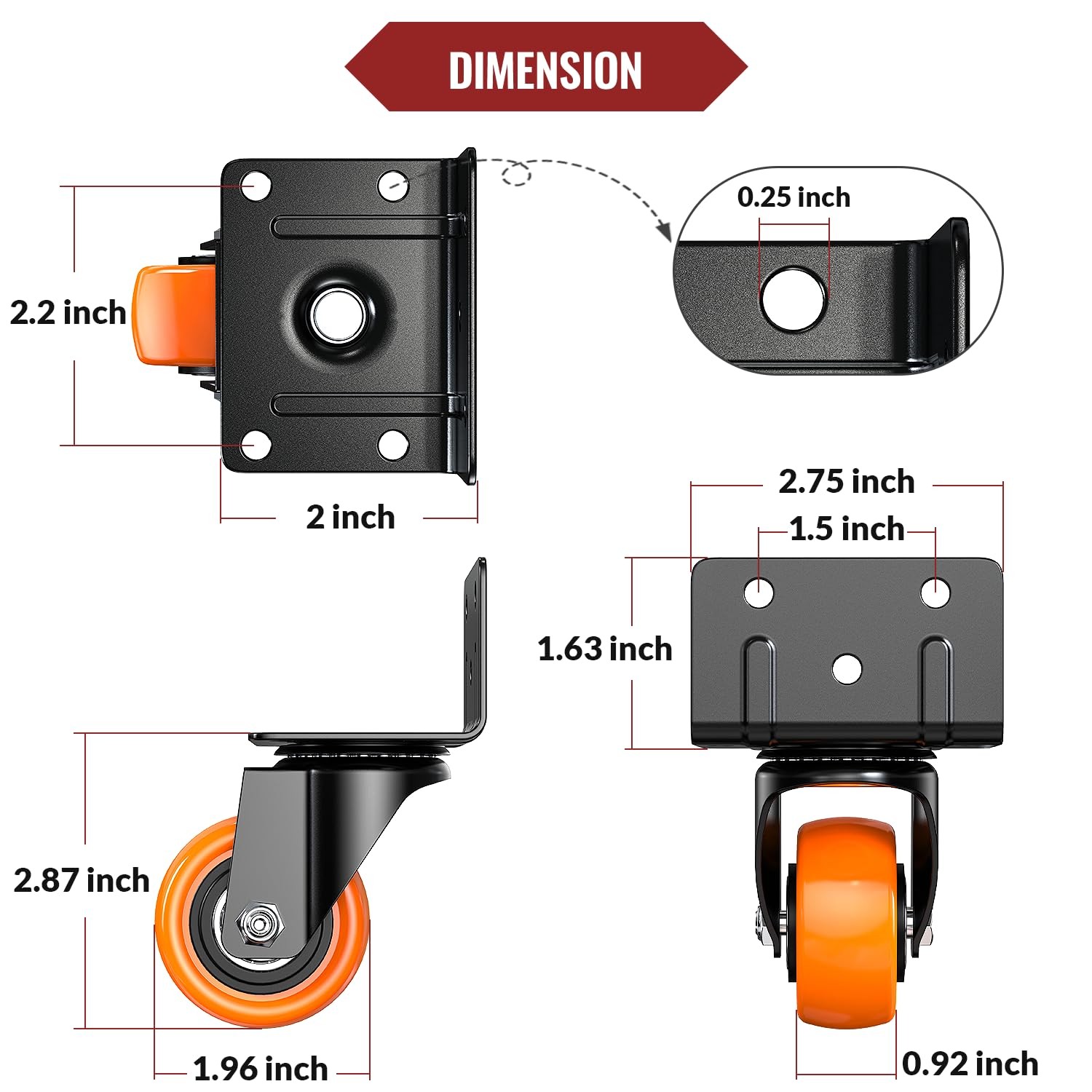 4 PCS 2 Inch Side Mount Caster Wheels Heavy Duty LShaped Bracket 550 LBS
