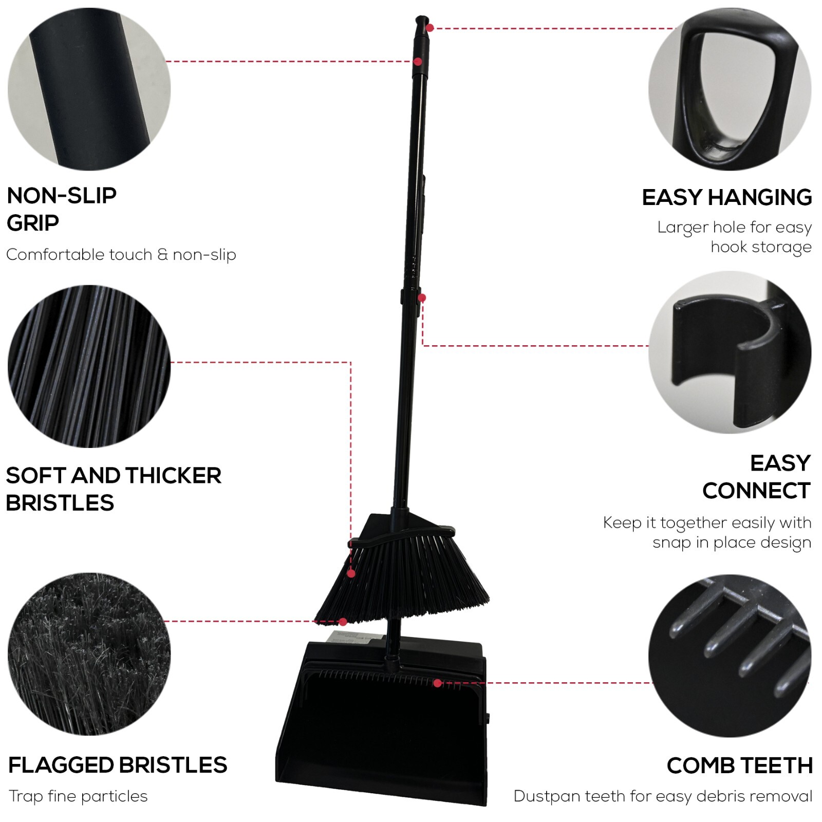 38″ Upright Lobby Broom and Dustpan Set for Home & Commercial Use, Black, 1 Set