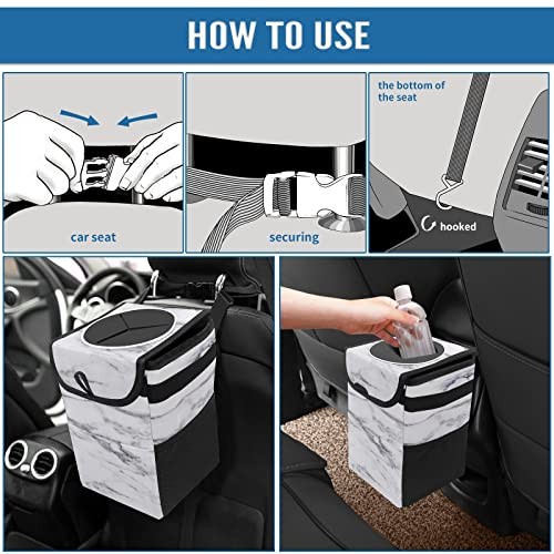 Black and White Marble Car Trash Can with Lid Collapsible Reusable Waterproof
