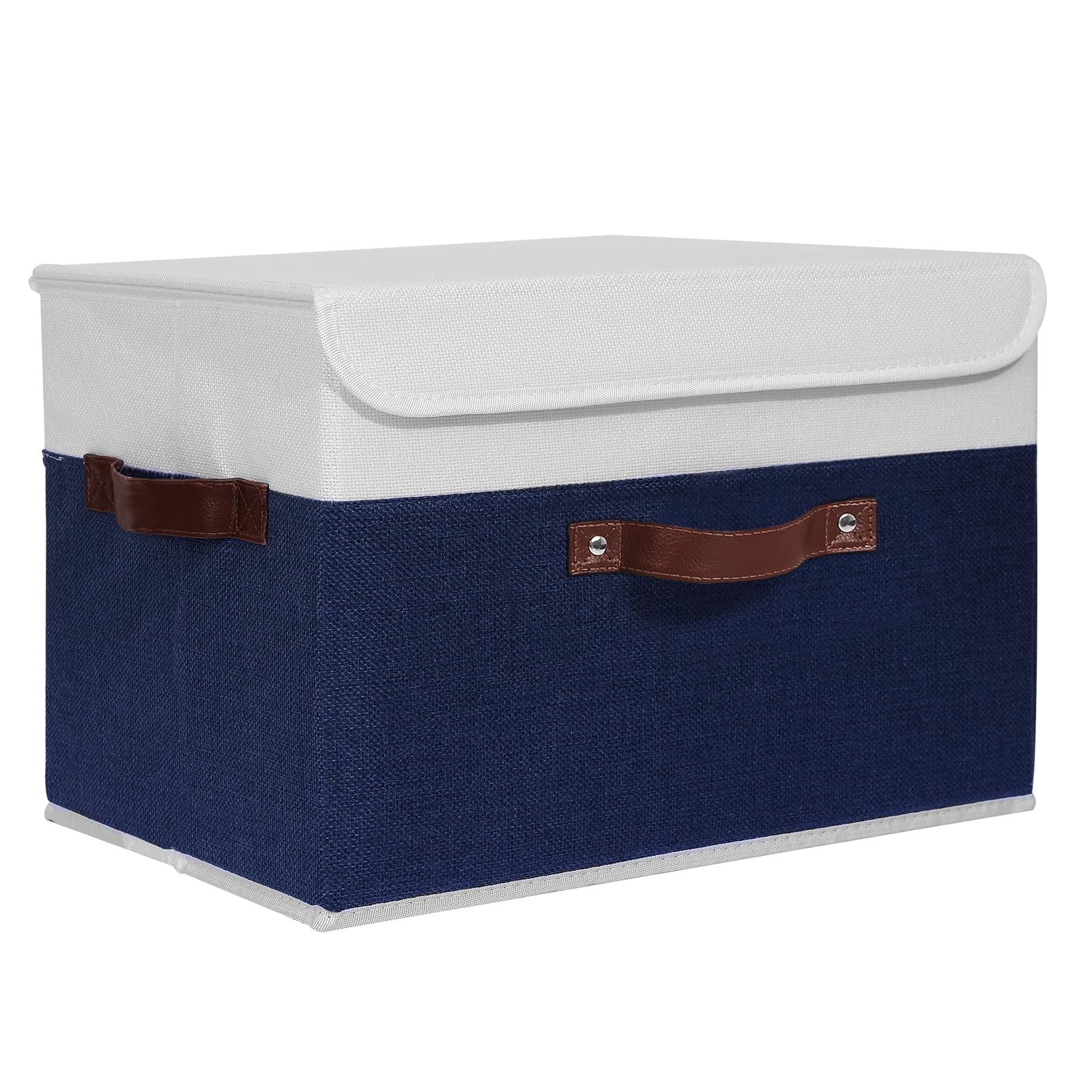 Large Deep Blue White Foldable Linen Fabric Storage Box Lid Leather Handle