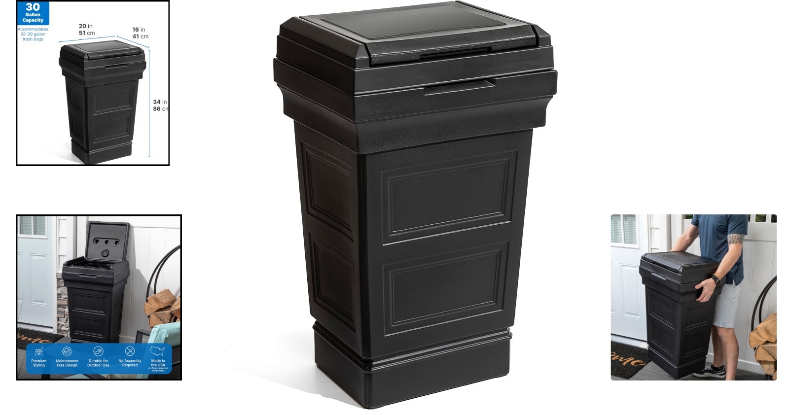 Elegant Onyx Black Trash Can, 39 Gallons – Indoor/Outdoor Use, Removable Lid
