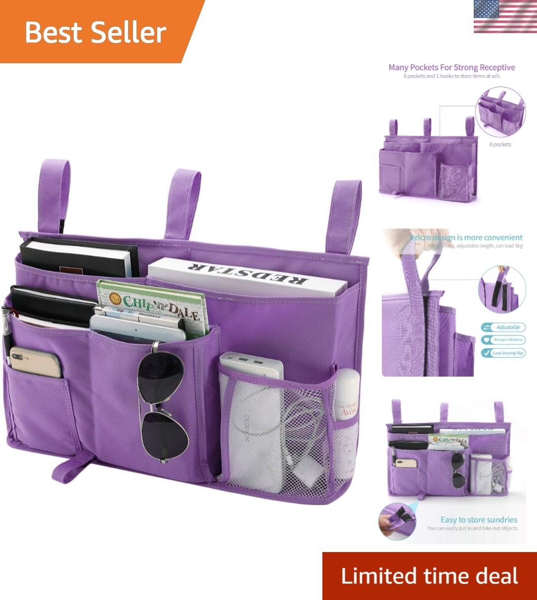 Adjustable Bedside Storage Caddy – 8 Pockets, Waterproof Oxford Cloth – Purple