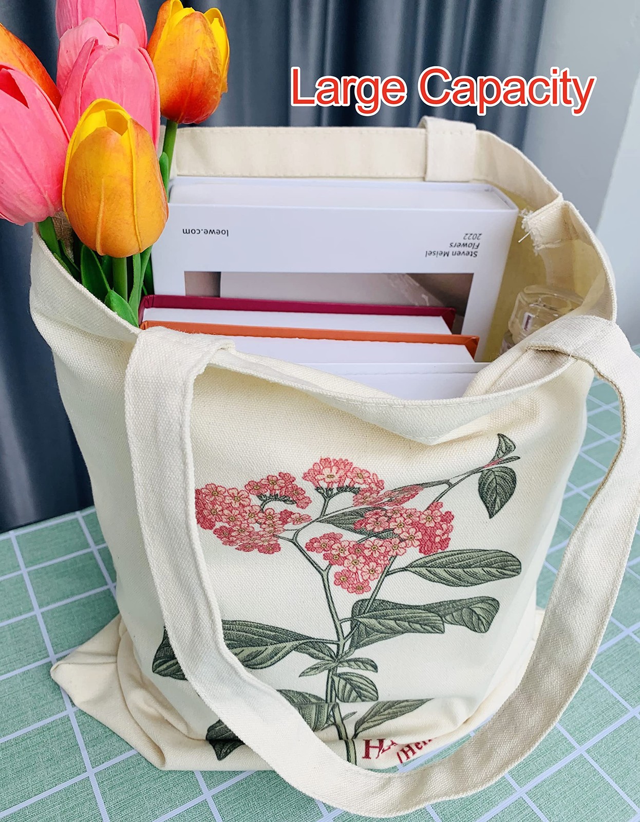 Canvas Floral Botanical Tote Bag for Women , Reusable Grocery Bags, Cute Cat …