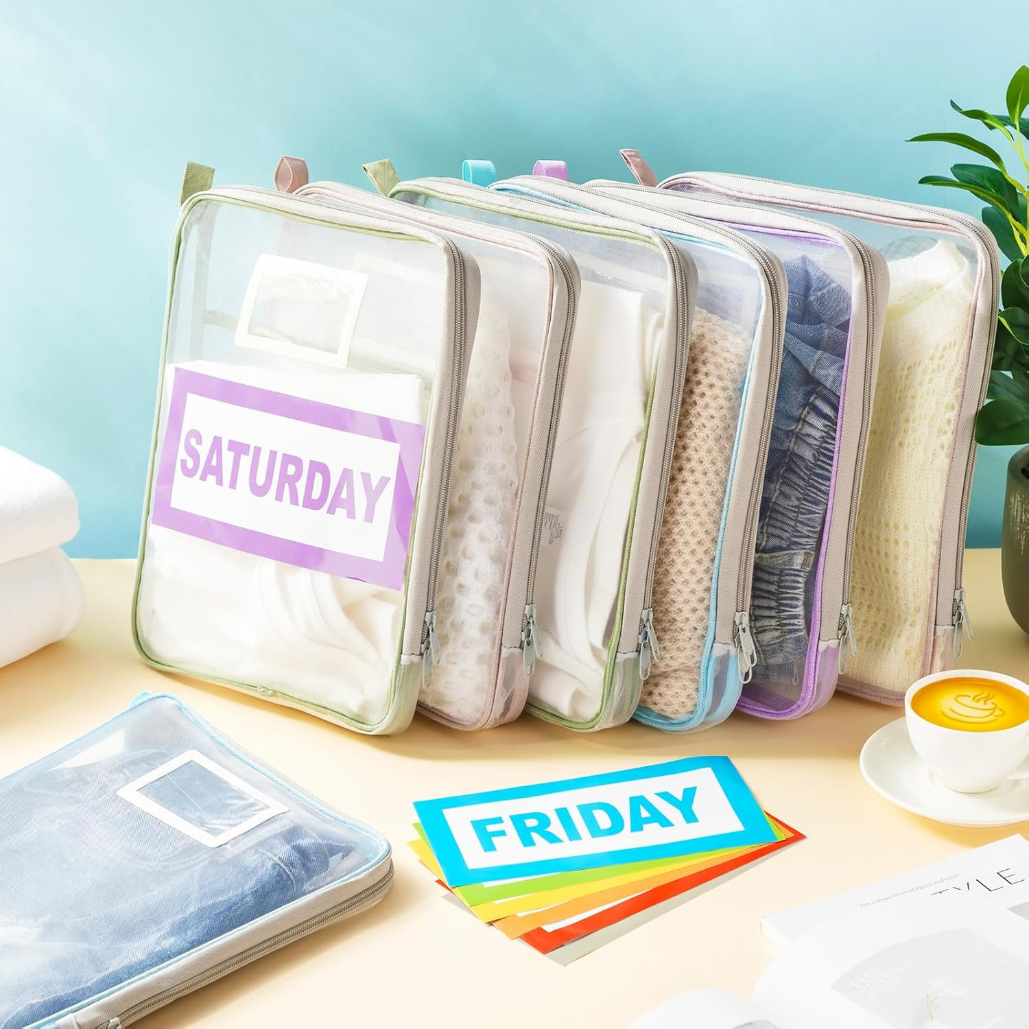 14 Pack Packing Cubes for Travel Days of Week Packing Cubes with Labels Clear Zi