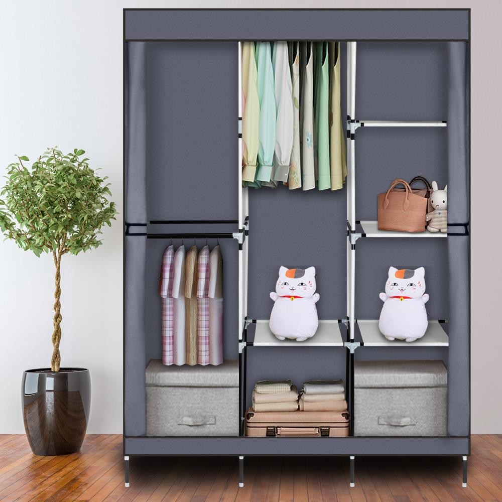 71″ Closet Wardrobe Clothes Pant Rack Storage Organizer w/ Shelf Portable Gray
