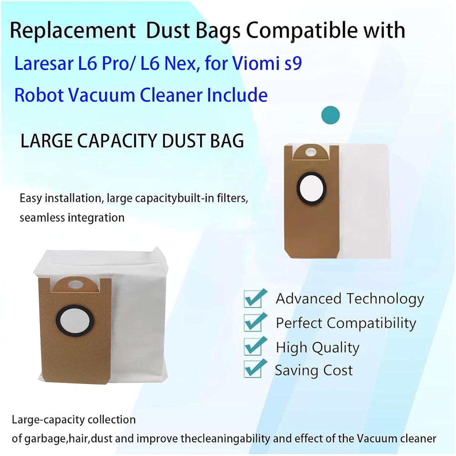 Dust Bags Replacement For Laresar L6 Pro L6 nex Viomi s9 10 Pack Durable