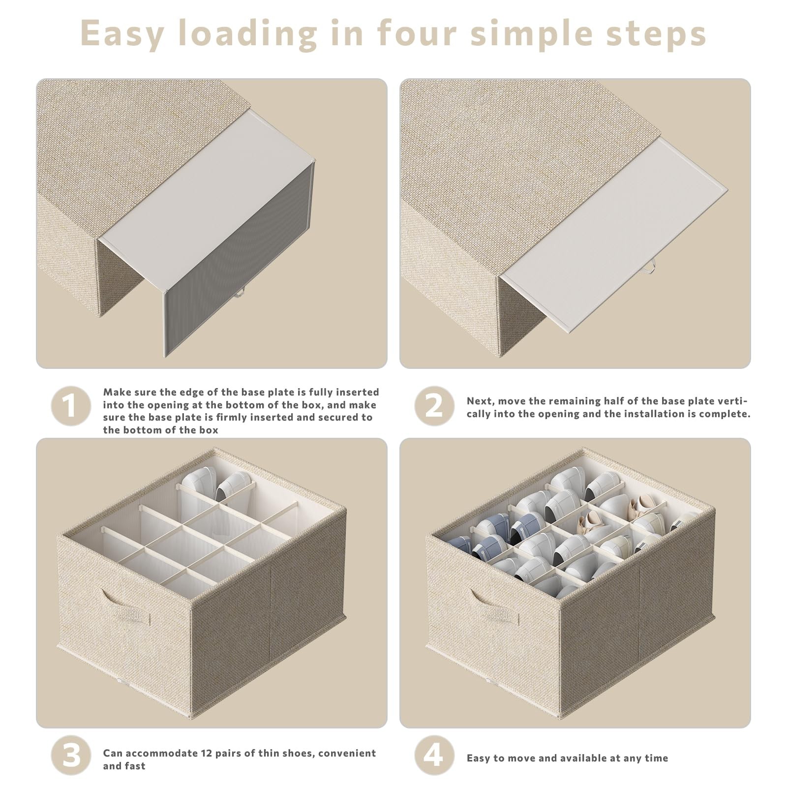 Beige Foldable Shoe Organizer Closet Storage Containers 16.5×12.6×9.5 In 4 Pack