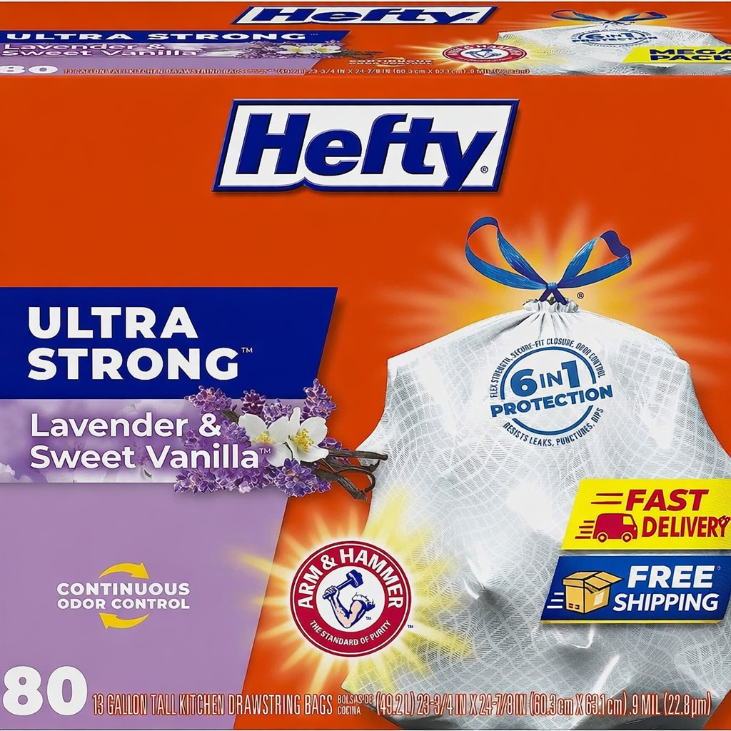 Hefty Ultra Strong Tall Kitchen Trash Bags Lavender & Sweet Vanilla 13 Gal 80 Ct