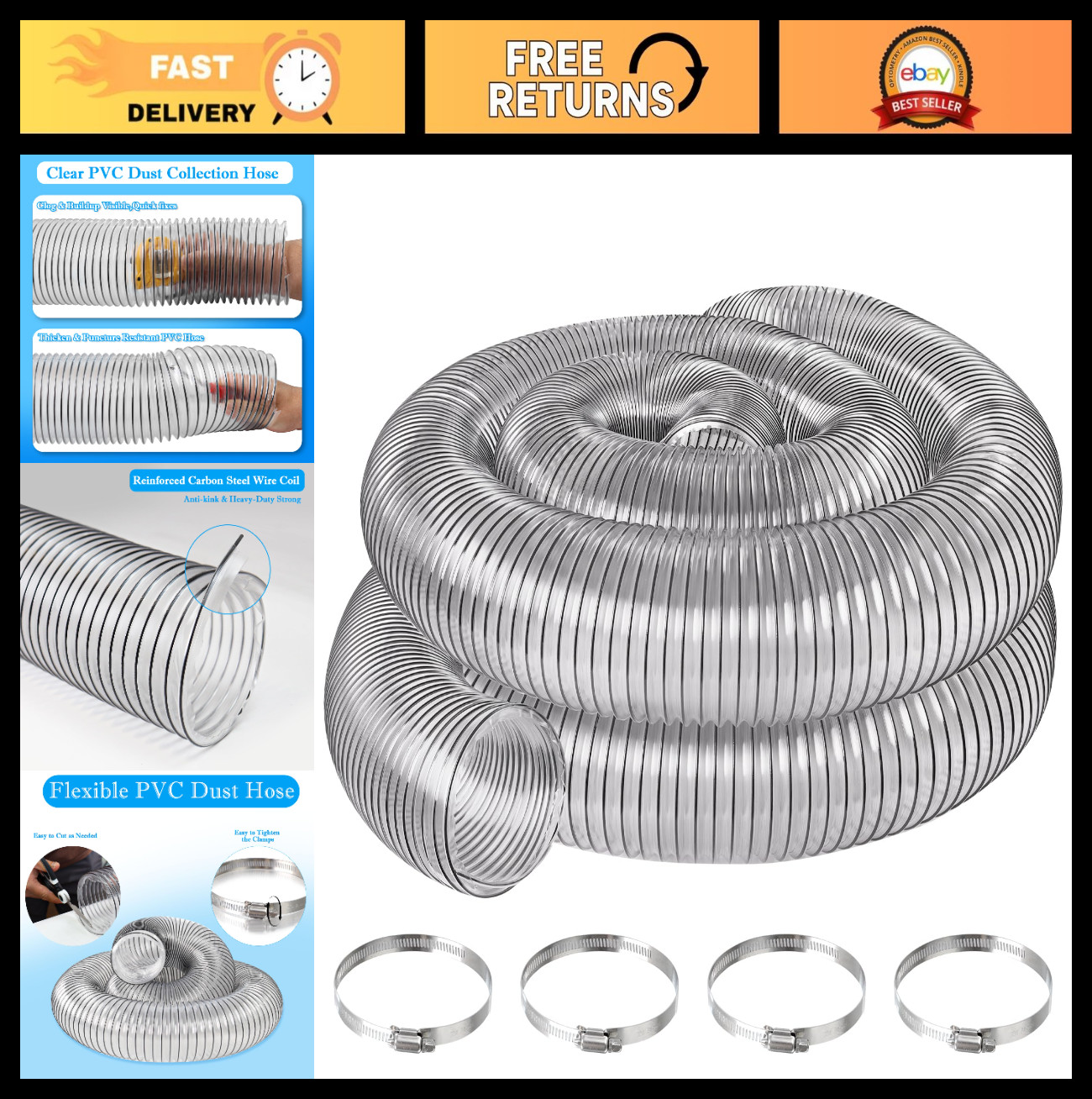 6″ x 20′ Heavy-Duty PVC Dust Collection Hose for Woodworking & Workshops, Fume T