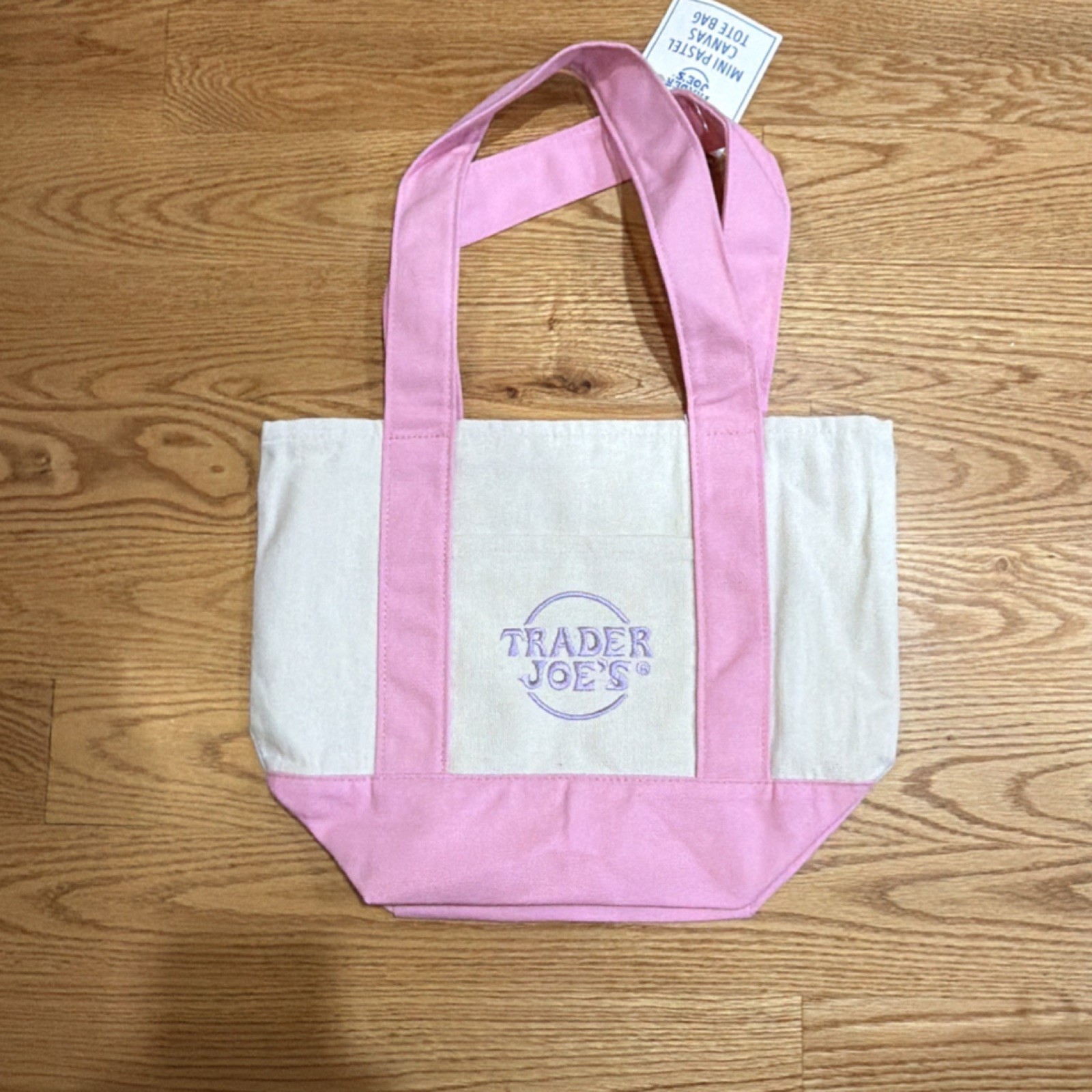 Trader Joe’s Mini Pastel Canvas Tote Bag Pink Beige Cotton Polyester