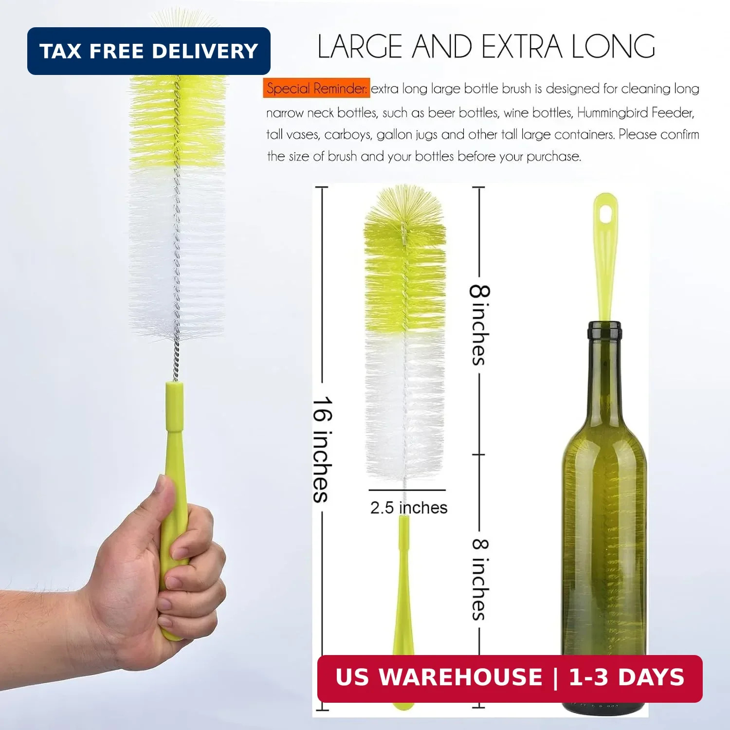 16 inch Long Bottle Brush Cleaner for Washing Wine/Beer/Sport Well/Thermos/Glass