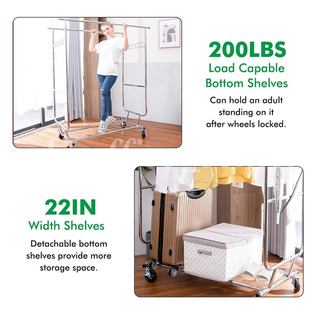 Heavy Clothing Garment Rack Metal Pipe Rolling Clothes Organizer Double Rails