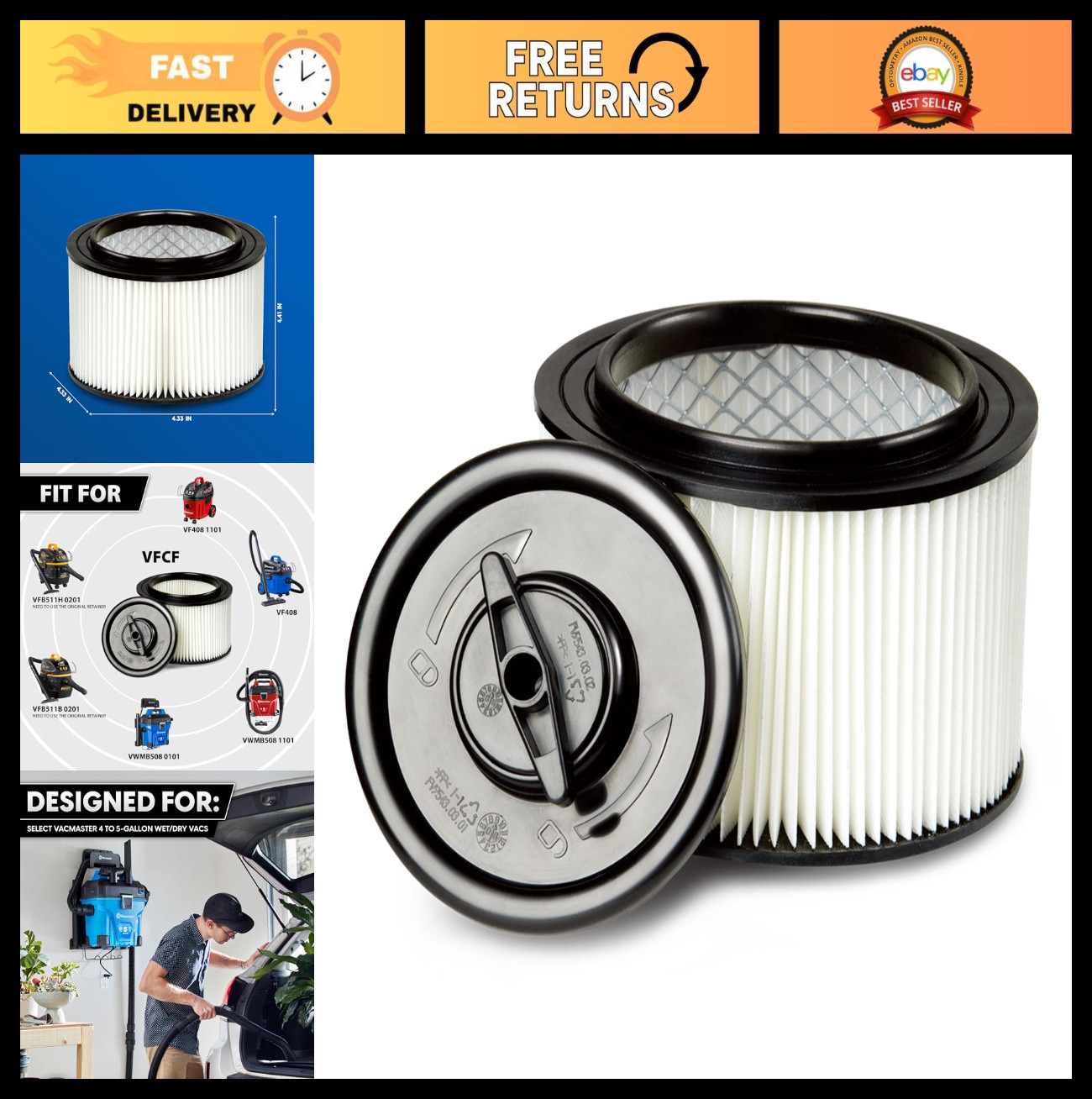 Washable Cartridge Filter & Retainer for 4-5 Gallon Wet/Dry Vacuum Cleaner