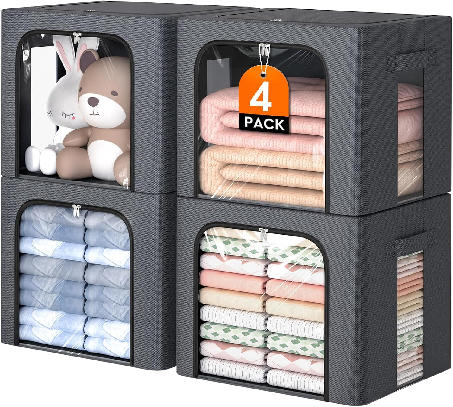 4 Pack Clothes Storage Bins with Metal Frame, Light Grey, 40L | Foldable Storage