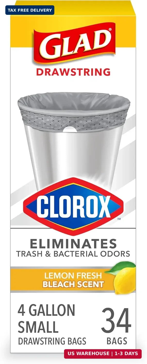 Glad Small Drawstring Trash Bags with Clorox, 4 Gal, Lemon Fresh Bleach, 34 Ct (