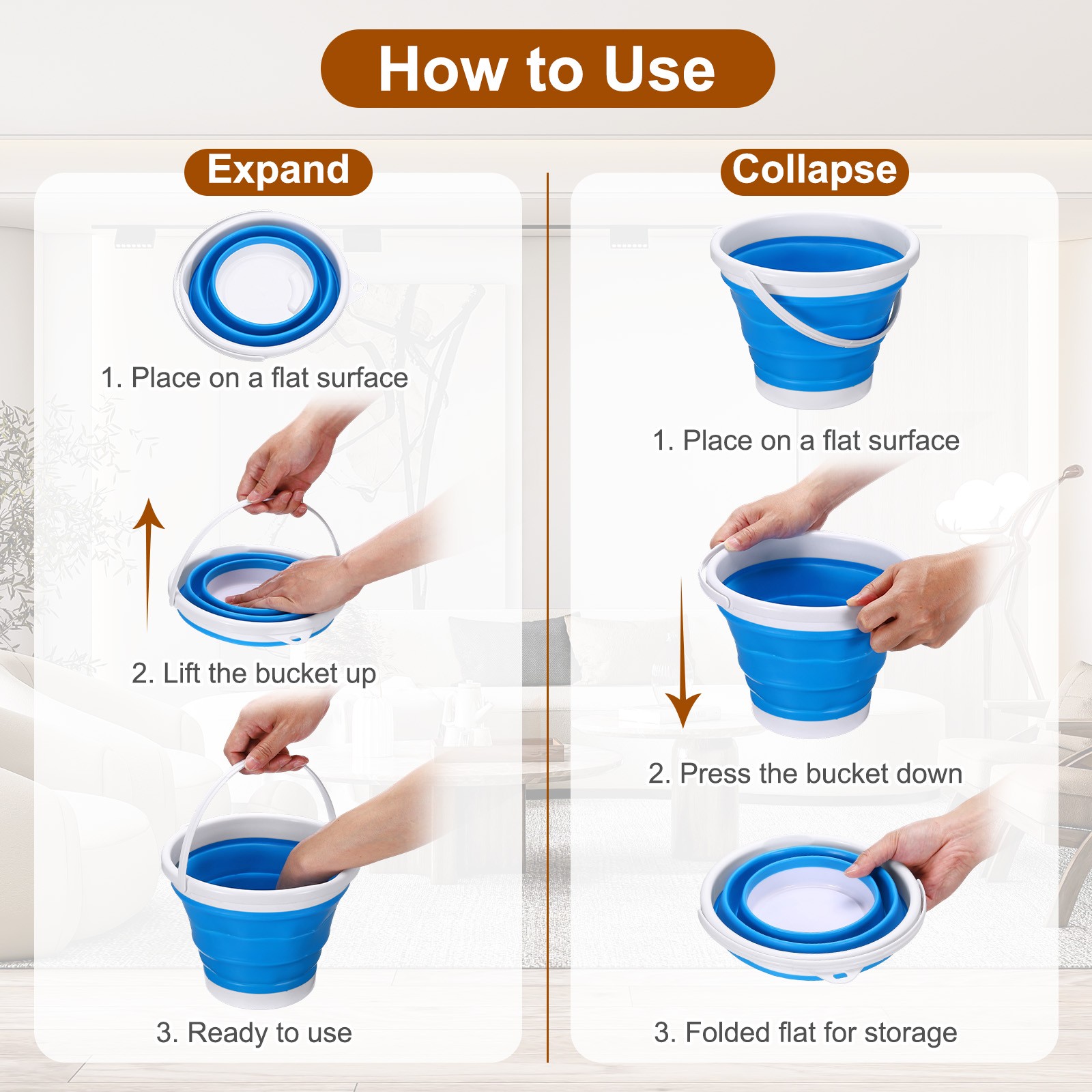 Collapsible Bucket 1.3 Gallon (5L) Small Foldable Bucket with Handle Orange