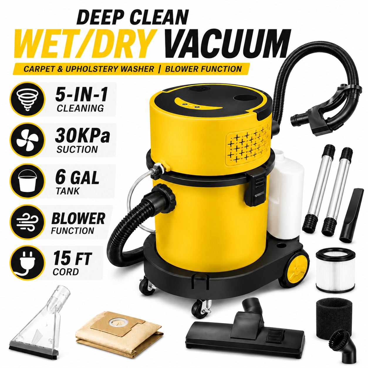 6 Gal Wet Dry Vacuum Carpet Upholstery Shampoo Cleaner 30KPa Blower HEPA Remote