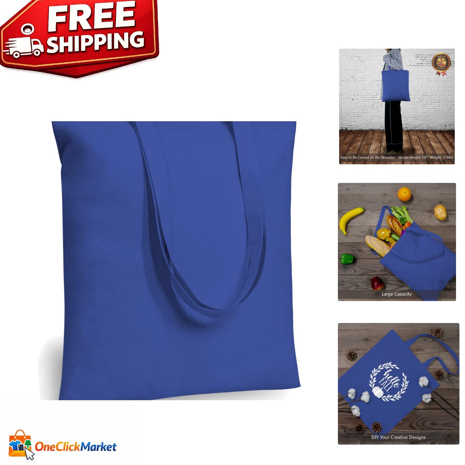 Lightweight 5-Pack of Durable Blue Cotton Shopping Bags for Sustainable Living
