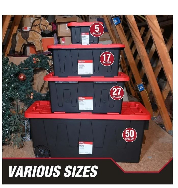Hyper Tough 27 Gallon Large Storage Bin with Snap Lid, Black and Red, Heavy Duty