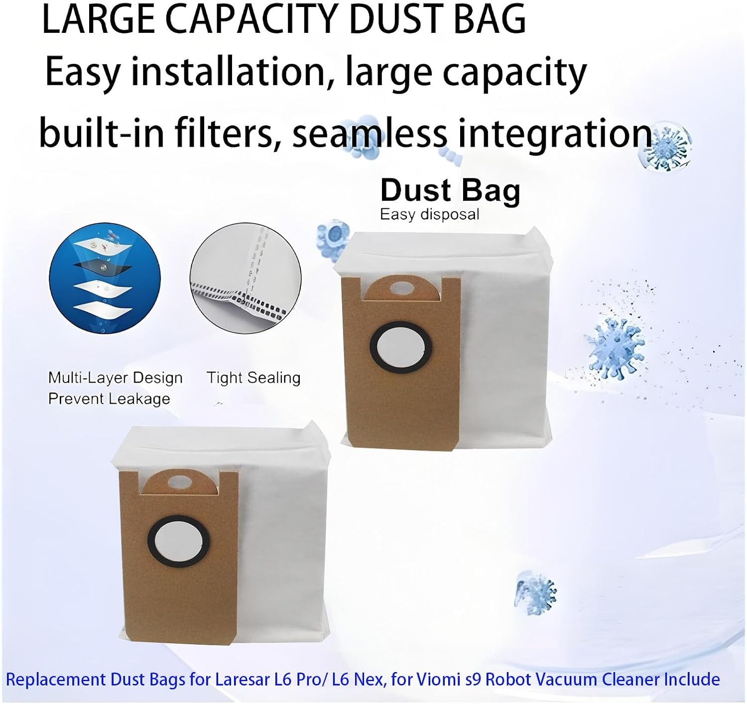 Dust Bags Replacement For Laresar L6 Pro L6 nex Viomi s9 10 Pack Durable