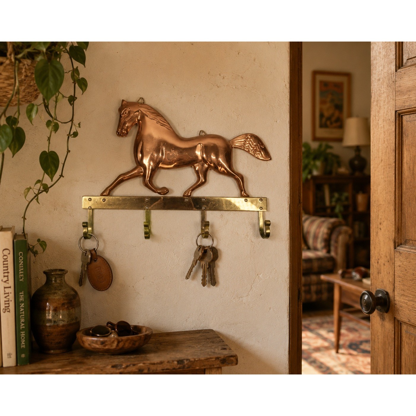 Vintage Copper Horse Key Holder Wall Mount Brass Hooks Equestrian Decor