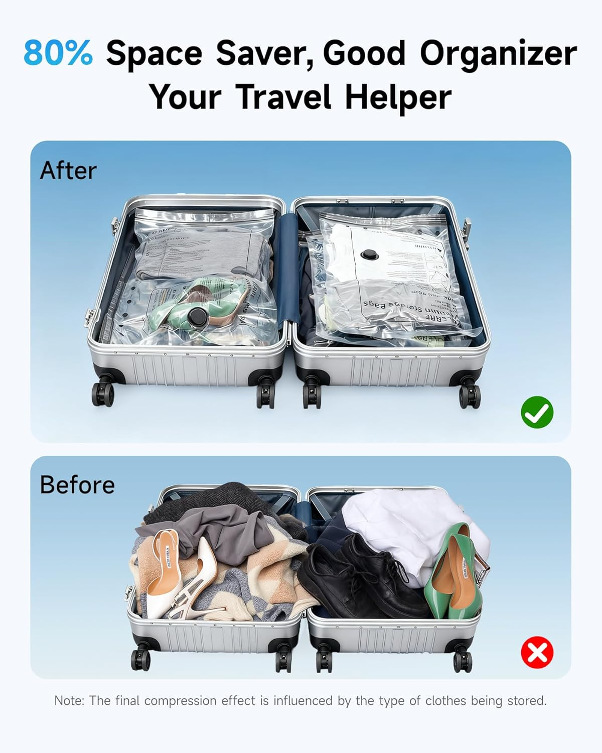 16 Pack Travel Vacuum Bags with Upgraded Rechargeable Pump, 4 Sizes Space Saver