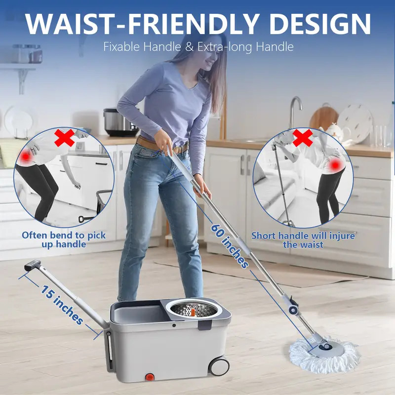 60″ Mop and Bucket Wringer Set Household Cleaning w/6PCS Mop Pads+1 Scrub Brush