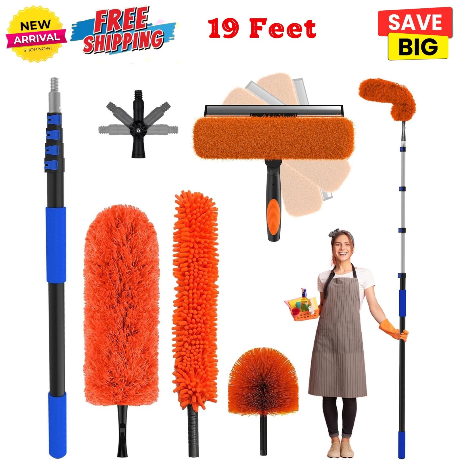 26 Foot High Reach Duster Kit 5-19 ft Telescoping Pole Ceiling Cobweb Cleaning