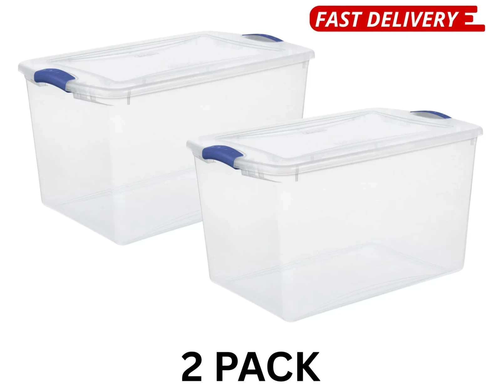 (2 Pack) Sterilite 66 Qt Latching Storage Bin Clear Plastic Blue Container.