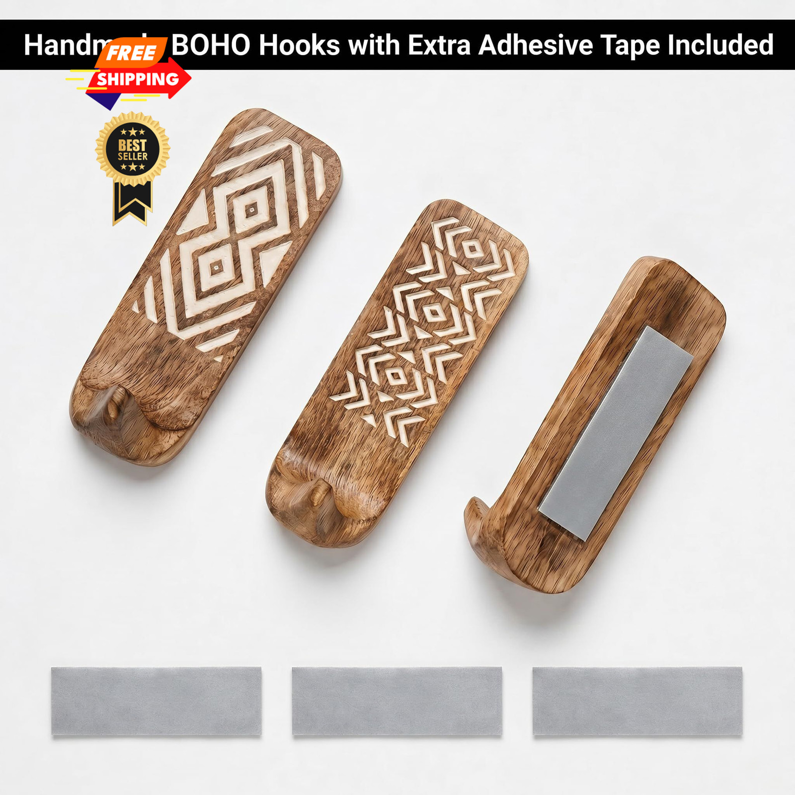 Indian Shelf 10 LB Decorative Wood Adhesive Wall Hooks 10 Cm, Brown Mix