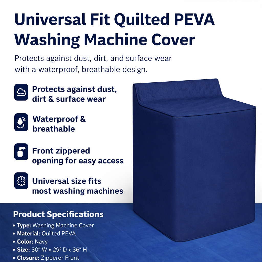 Washing Machine Cover Waterproof Quilted PEVA Zippered Heavy Duty Blue