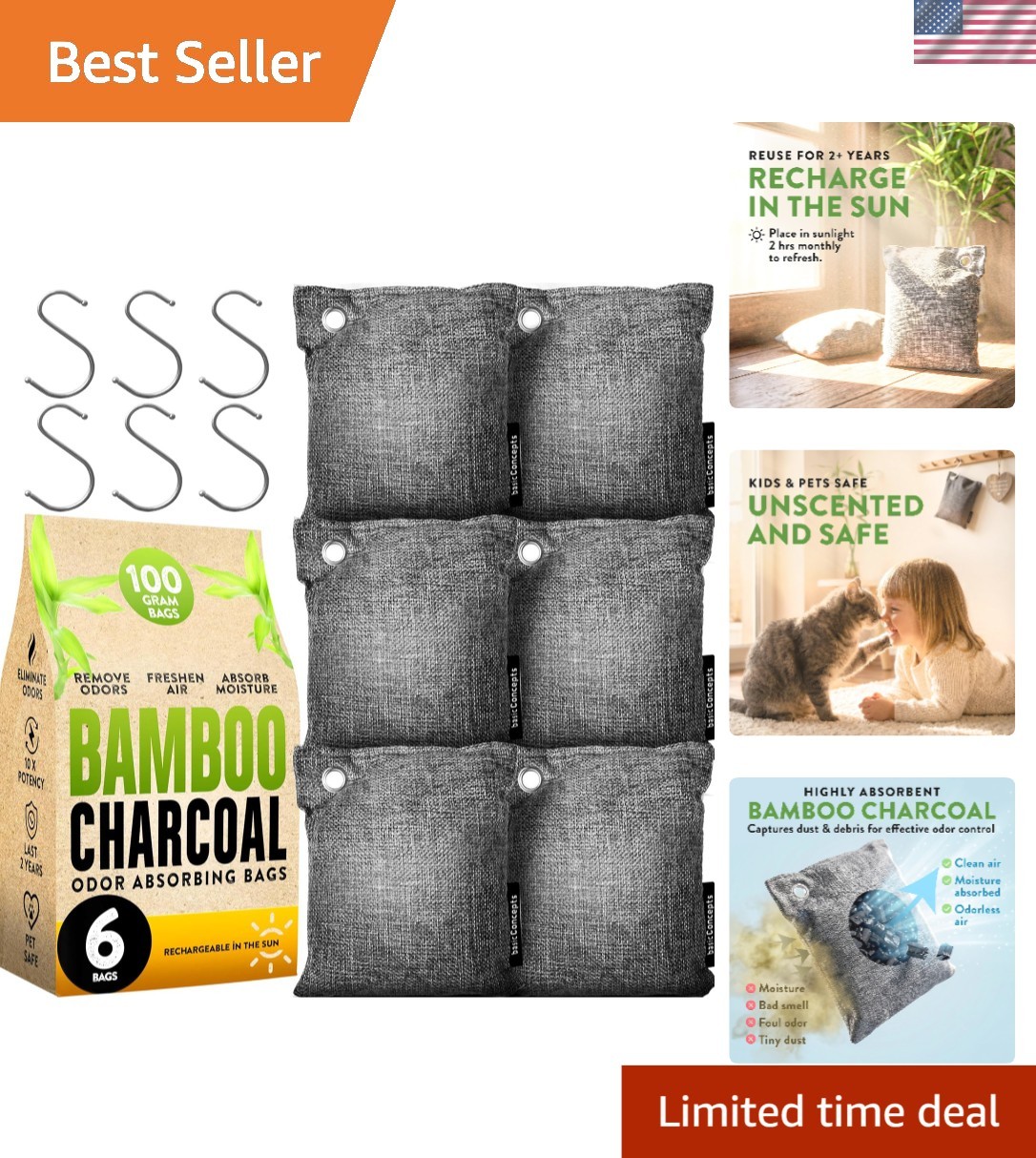 Ultimate Charcoal Odor Eliminator – 6x 100g Reusable Bamboo Bags for All Spaces