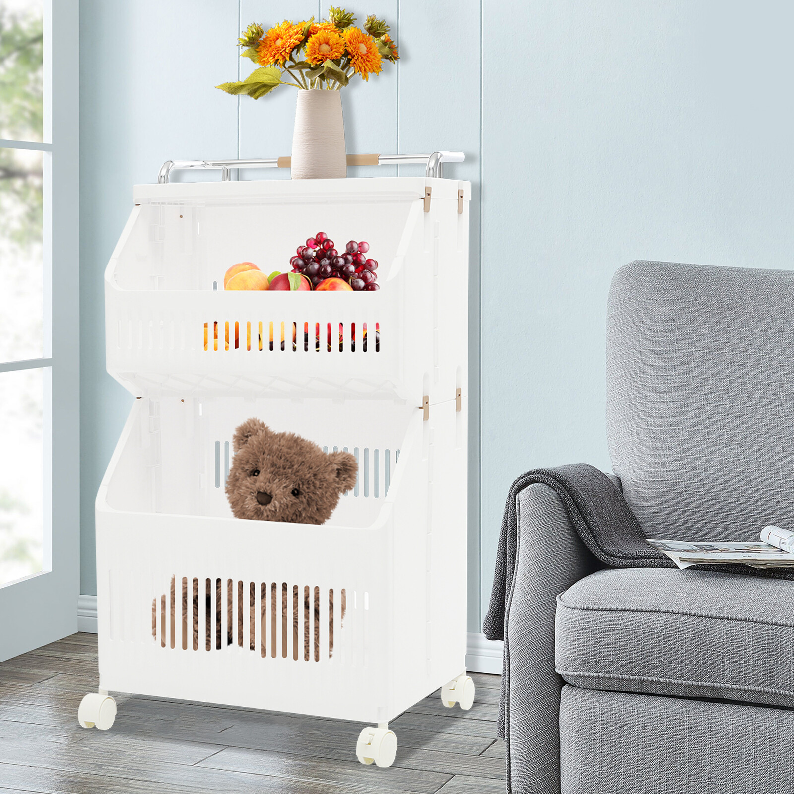 2-tier Clothes Basket Rolling Laundry Basket Collapsible Laundry Hamper Storage