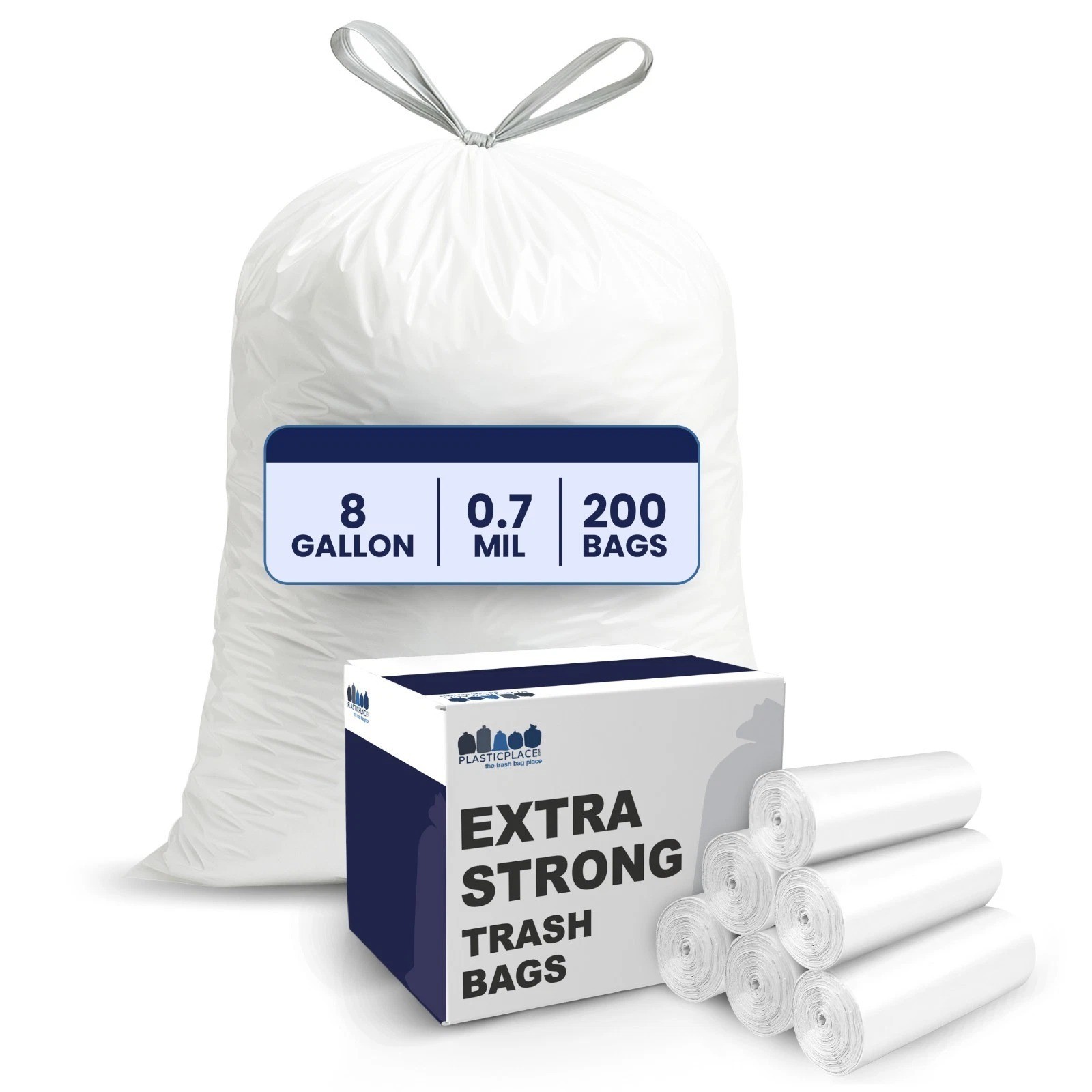 Plasticplace 8 Gallon White Trash Bags, White, 0.7 Mil, 200 Count
