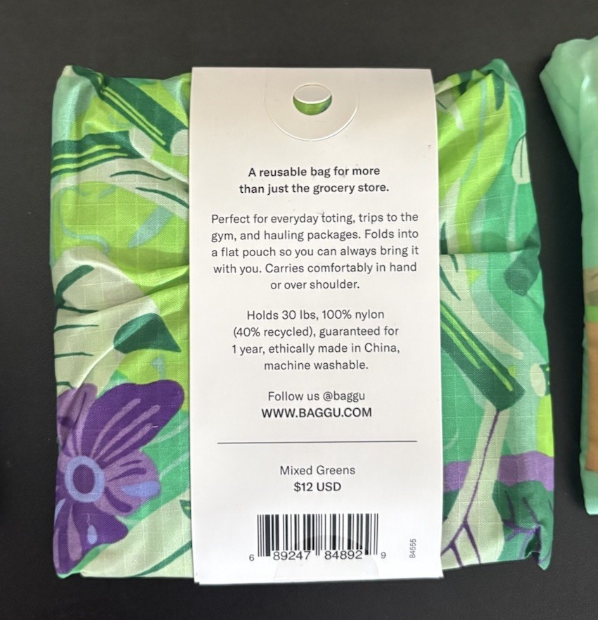 BAGGU Standard Reusable Shopping Bag Mixed Greens Floral 100% Nylon Holds 30lbs