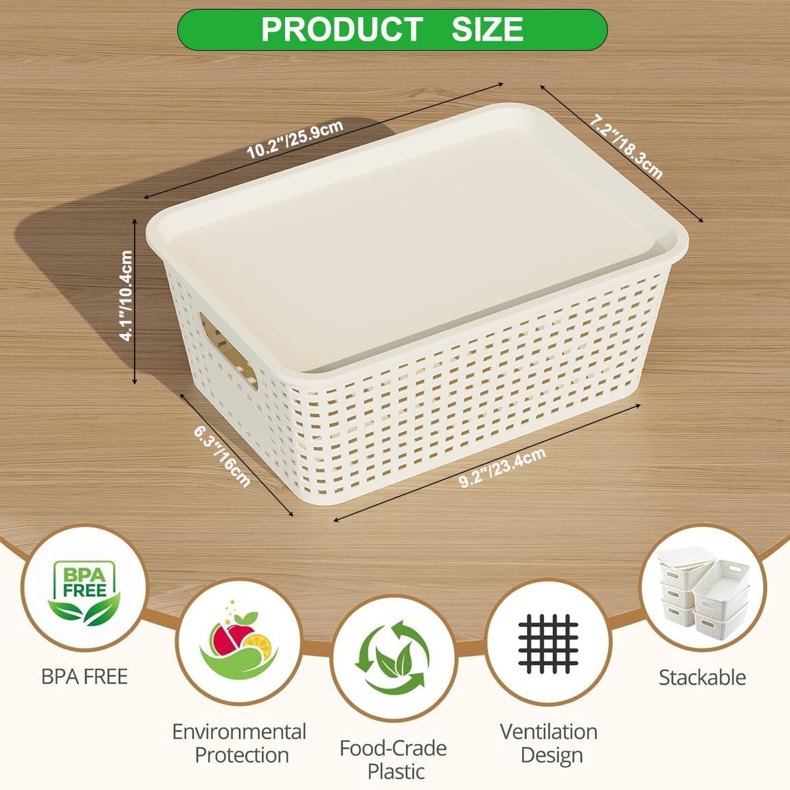 6 Pack Plastic Storage Baskets with Lids Stackable Organizer Bins White