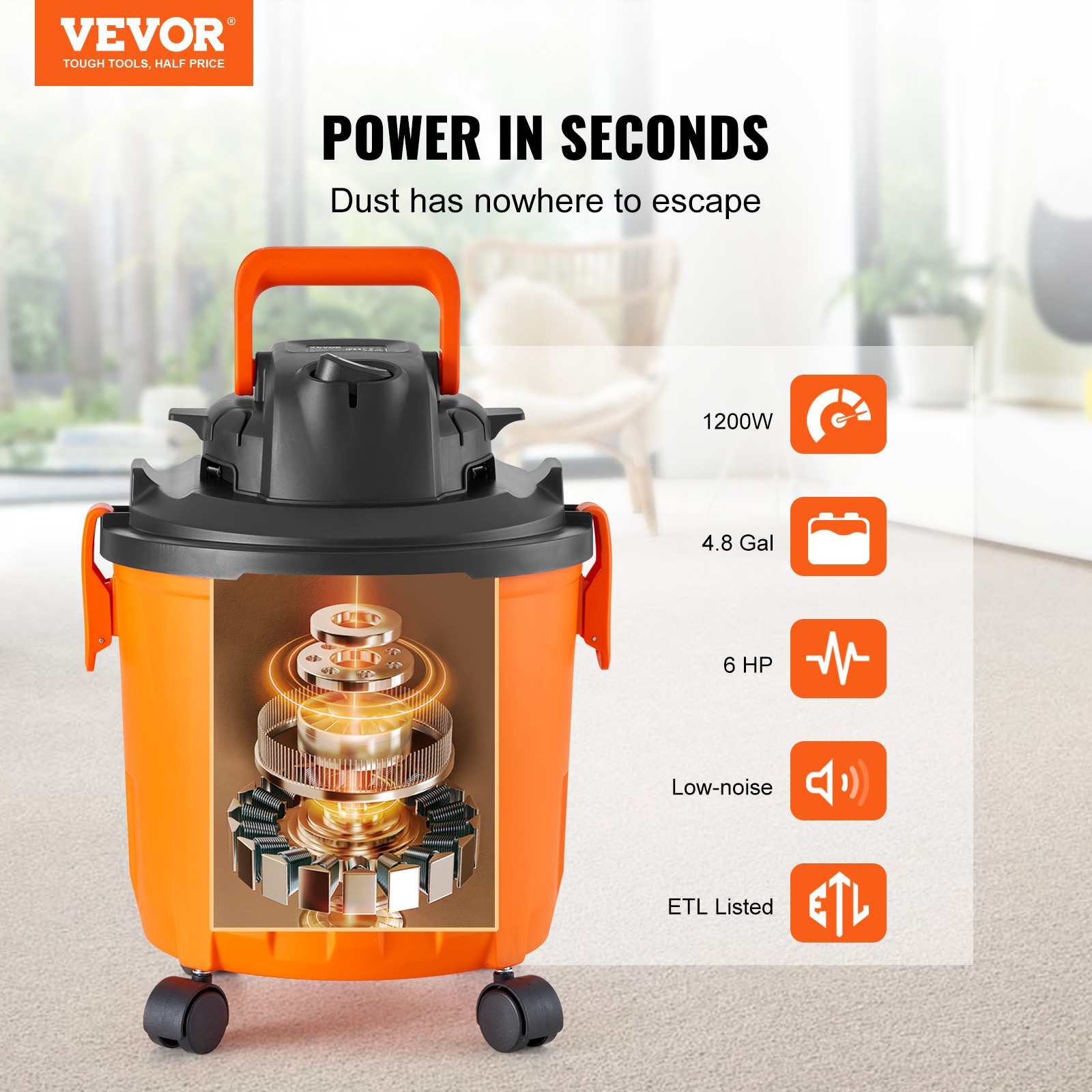 VEVOR Wet Dry Shop Vacuum 5 Gallon 6-HP with Accessories 2-in-1 Crevice Nozzle
