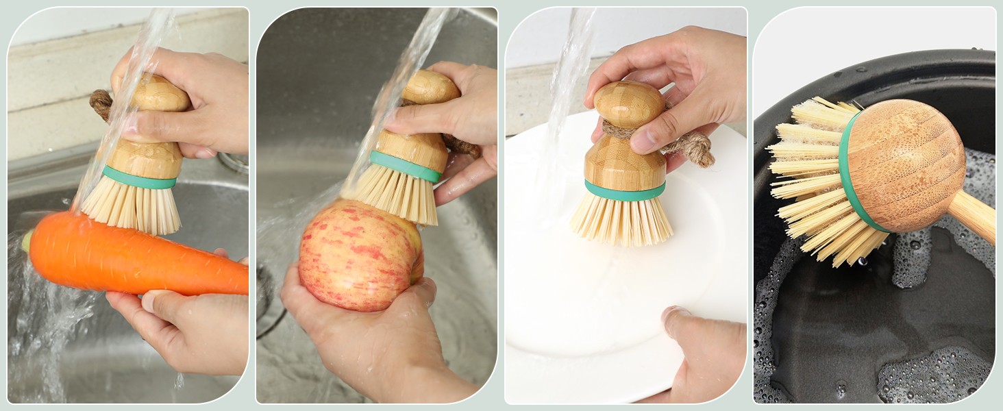 Set of 3 Bamboo Dish Scrub Brushes Wooden Handle Stiff Bristles Scrubbers for