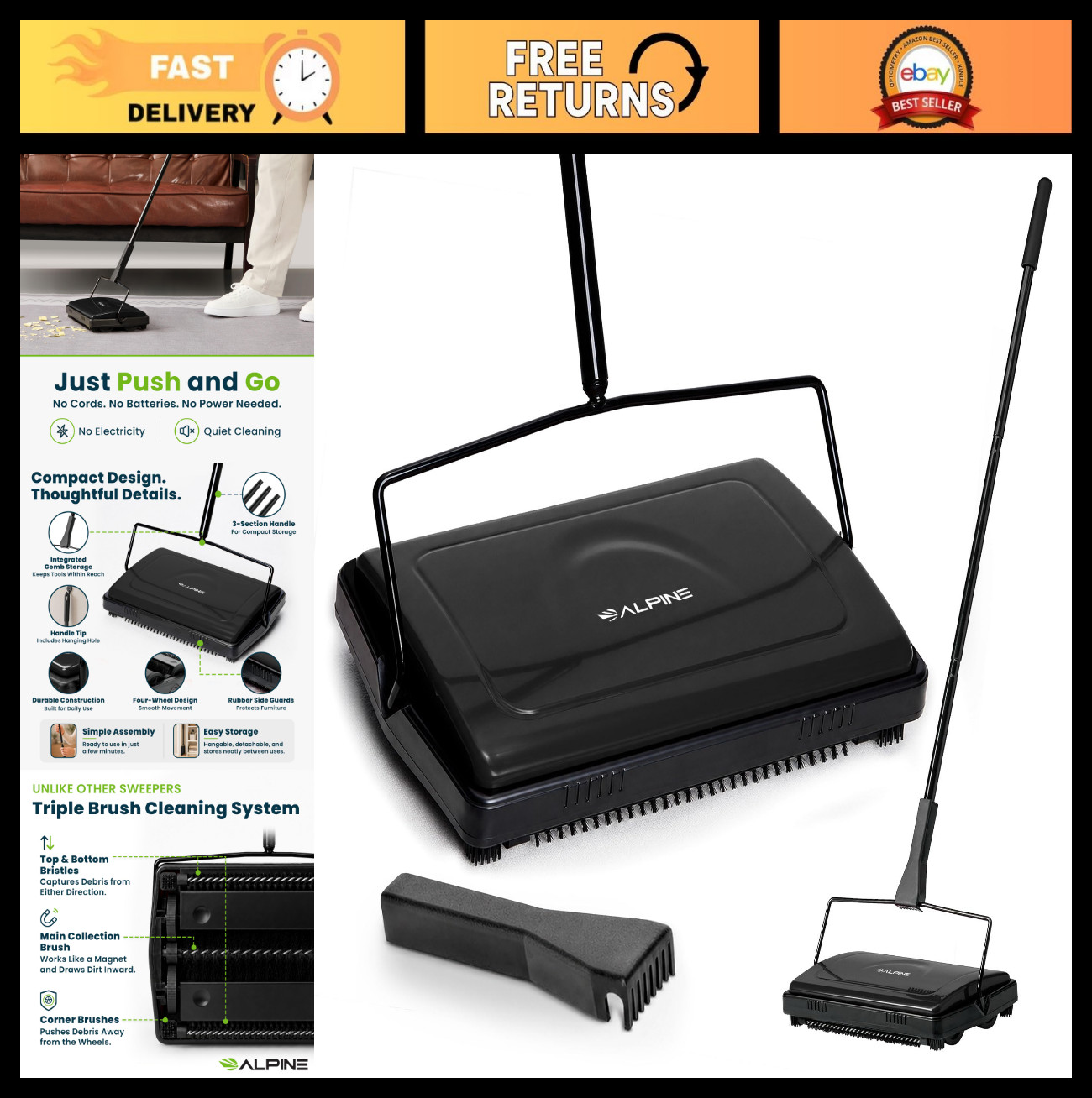Manual Carpet Sweeper Triple Brush – Cordless Non-Electric Multi-Surface Cleaner