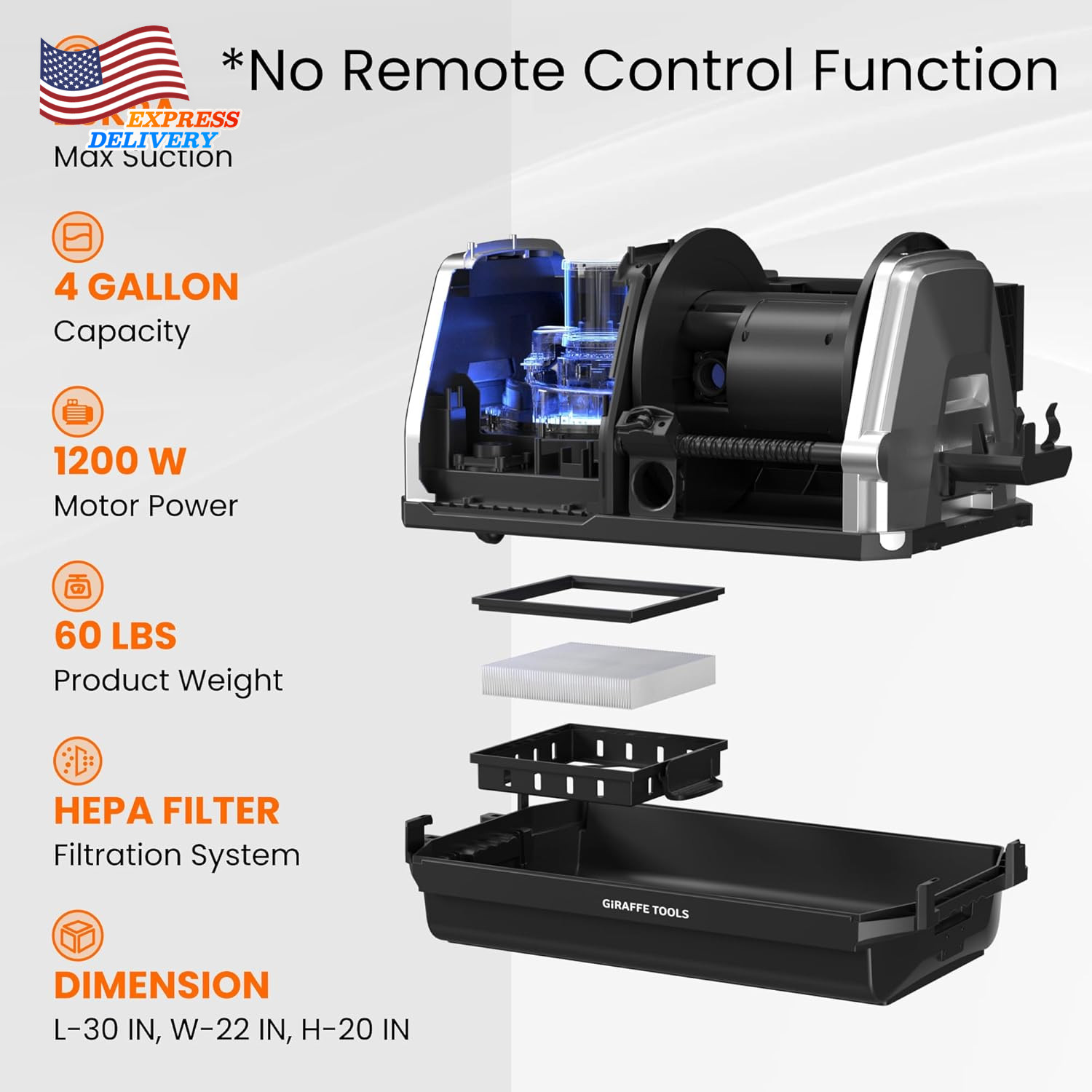 Grandstorm Wet Dry Vacuum Cleaner with 6 Nozzles 30 FT Retractable Hose USA ONLY
